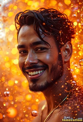 Smiling wet man surrounded by bright yellow falling drops of water