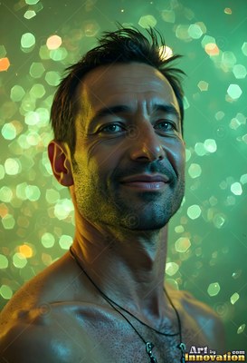 A smiling shirtless man with dark hair stands in bright green falling drops