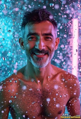 A smiling bare-chested man stands in water falling down lit with bright teal and pink neon