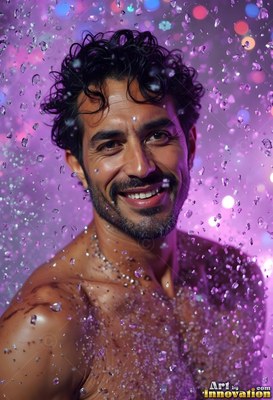 Smiling bare-shouldered man under water drops in purple light