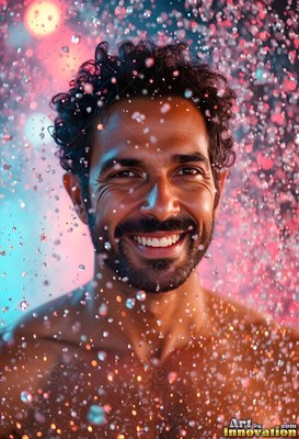 A smiling bare-chested man standing in descending water droplets with pink light behind him
