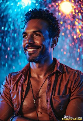 In bright rain and blue light, a smiling man stands in an open brown shirt