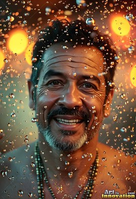 Smiling through descending water droplets, a bearded man stands in warm orange light