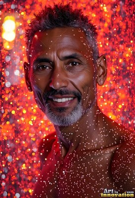 A grinning man covered in tiny drops of water in red light