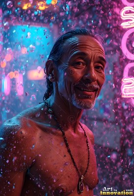 A beaded necklace hangs on a smiling, shirtless older man standing in pink rain neon light