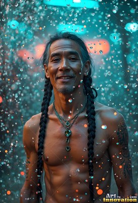 A smiling man without a shirt stands in falling water lit by bright teal and orange light