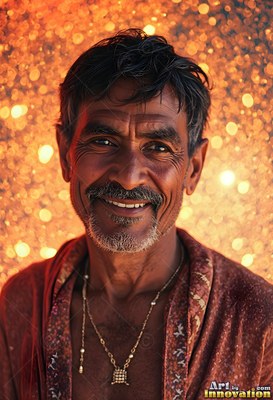 Facing forward, a smiling man stands before bright golden light dots