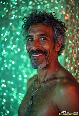 A shirtless, smiling man with graying hair in front of sparkly green light