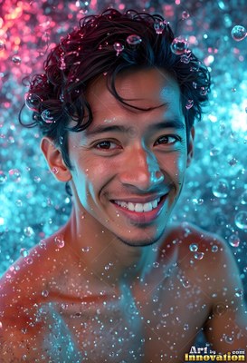 In pink and blue light, a bare-chested man smiling is surrounded by water droplets