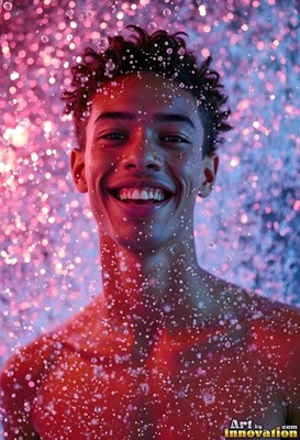 Smiling in a spray of water, a shirtless young man shines under bright pink light