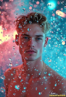 A shirtless blond man in pink and teal light under water coming down drops
