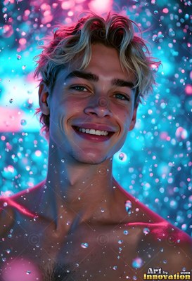 Blond hair frames a shirtless man with a smile standing in descending water lit in blue and pink