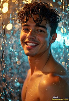 A bare-chested man smiling with wet hair turns his head in front of soft blue lights