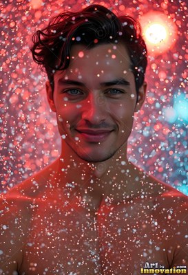Facing forward, a smiling bare-chested man stands in falling red light and spray