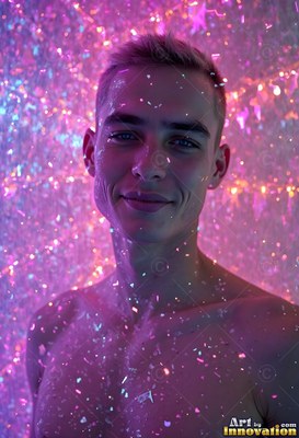 A smiling bare-chested man stands in pink light speckled with bright drops
