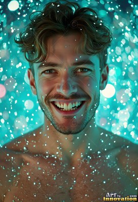 In turquoise light, a smiling bare-chested man stands under falling water droplets