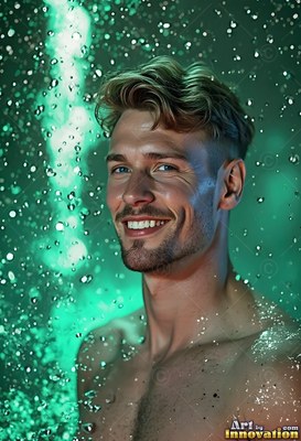 Smiling in water coming down, a shirtless man turns toward green light