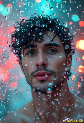 A man with wet hair looks through water coming down drops in teal light