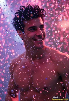 Dark curly hair frames a smiling man without a shirt standing in falling pink water droplets
