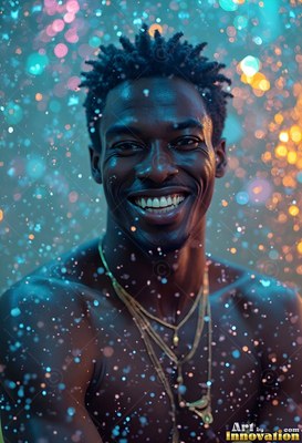 A man with a smile looks forward under falling water illuminated by teal light