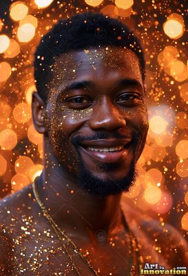 Facing forward, a smiling Black man stands covered in gold glitter before warm blurred lights