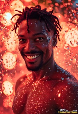 A shirtless man with a smile with dreadlocks covered in water droplets under warm red lights