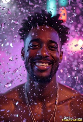 Under falling water drops, a smiling man stands in purple light