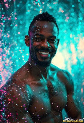 Smiling in sparkling rain, a bare-chested man standing in turquoise light