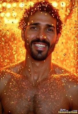 Smiling bearded man under water coming down in warm golden light