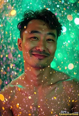 Dark messy hair frames a smiling man without a shirt in falling drops of green light