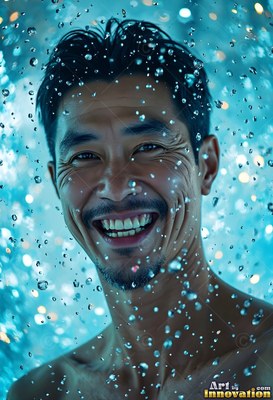 A shirtless man smiles broadly through falling water drops in deep blue light