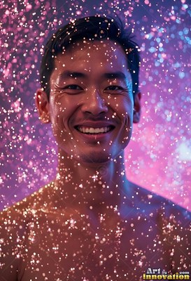 Smiling head-on, a bare-chested man stands in falling water lit by purple light