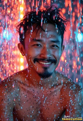 A smiling bare-chested man stands in cascading water lit by warm red and blue lights