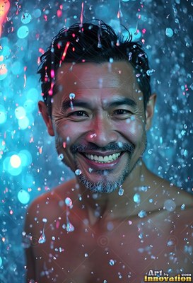 In descending water, a grinning man without a shirt looks forward in turquoise light