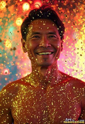 Smiling in warm red light, a shirtless man is speckled with bright yellow water droplets