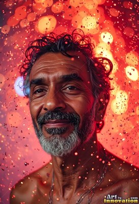 Grinning man with a gray beard under red lights