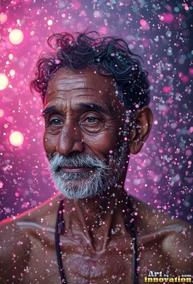 Gray mustache on an older man who smiles as pink water drops fall around him