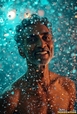 A man with a smile stands bare-chested in descending water droplets lit by teal light
