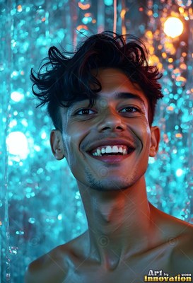 Turned toward the viewer, a happy man stands in blue light and rain