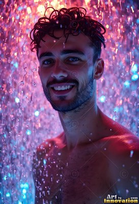 A smiling, shirtless man standing in descending water lit by pink and blue lights