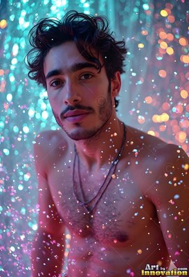 In a shower of sparkling water, a shirtless man looks ahead in blue light