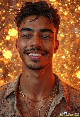 Smiling warmly, a young man wears gold necklaces before blurred yellow lights
