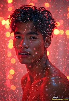 A shirtless man peers ahead in red light surrounded by falling water droplets