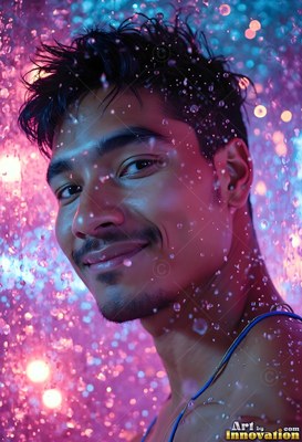 Wet dark hair frames a grinning man surrounded by bright drops in pink light