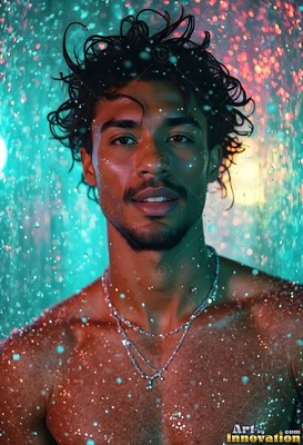 A shirtless man standing under water coming down lit by bright teal and pink light