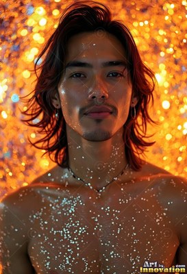Facing forward, a bare-chested man stands in front of sparkling orange lights