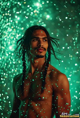A shirtless man with braided hair stands in falling green sparks