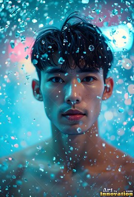 In bright blue light, a shirtless young man looks forward under water coming down droplets