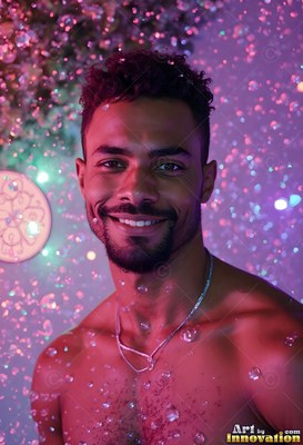Smiling in a shower of water droplets, a shirtless man stands in pink light