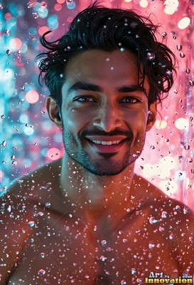 Smiling bare-chested man behind bright pink and blue water drops